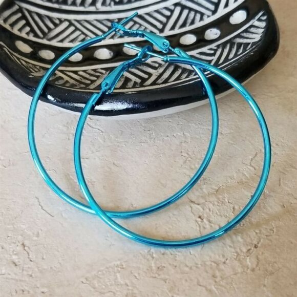 Sleek Turquoise Blue Large Hoop Earrings 50mm 2" Leverback Minimalist Classic - Picture 1 of 6